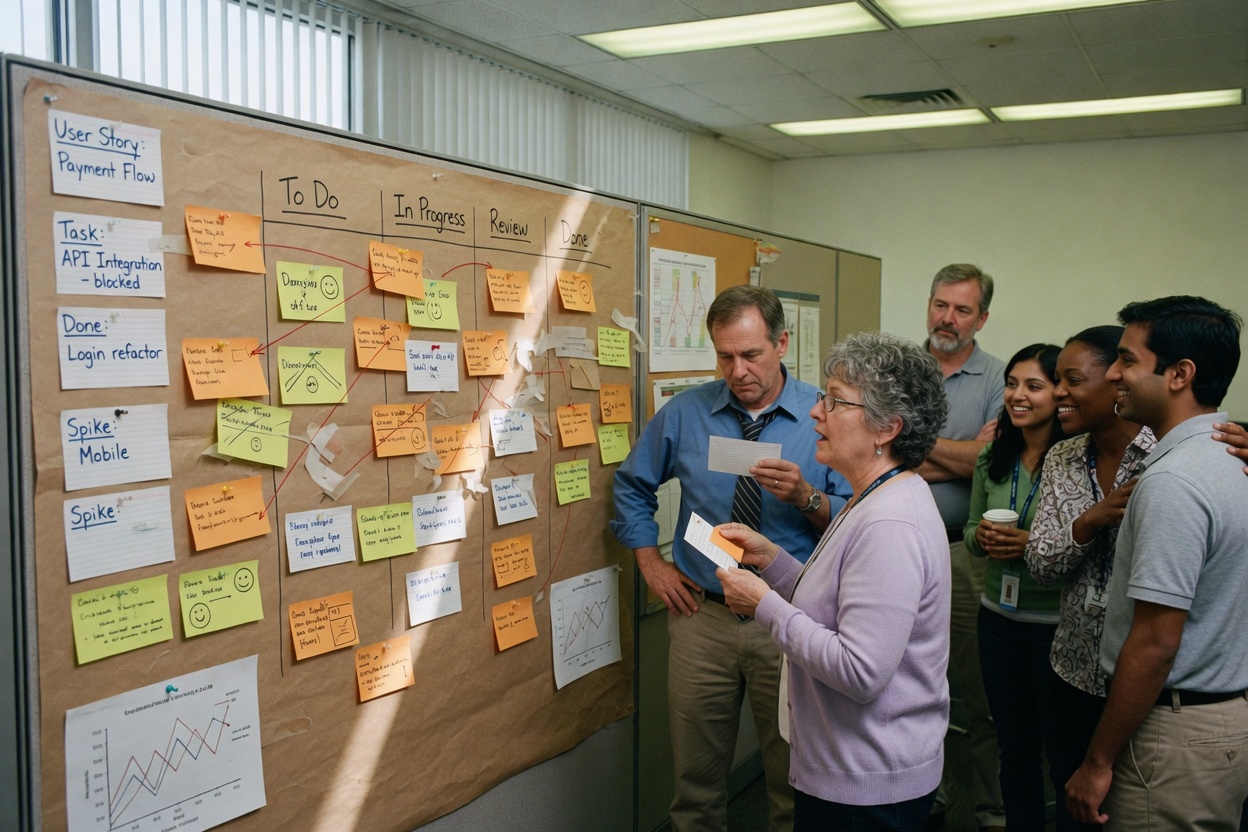 Practitioners at a physical board of handwritten cards, the people who were here early