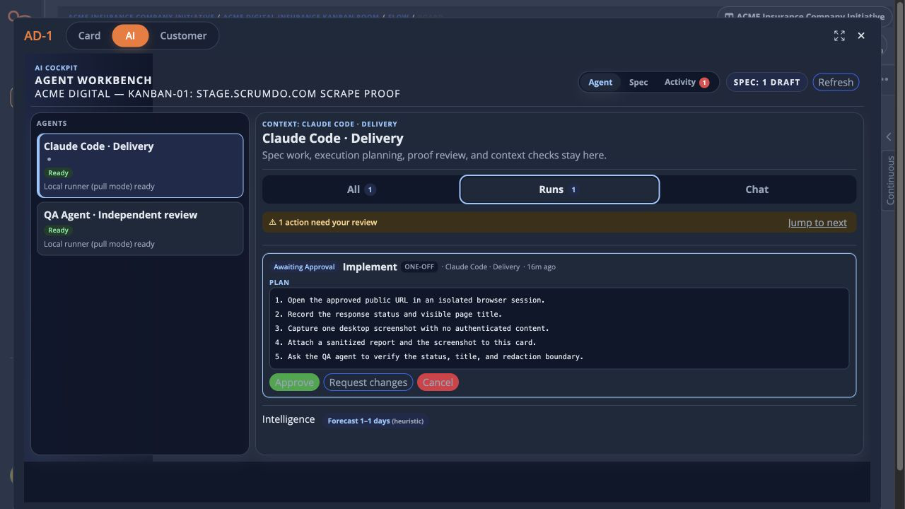Agent workbench with a human approval gate on the card